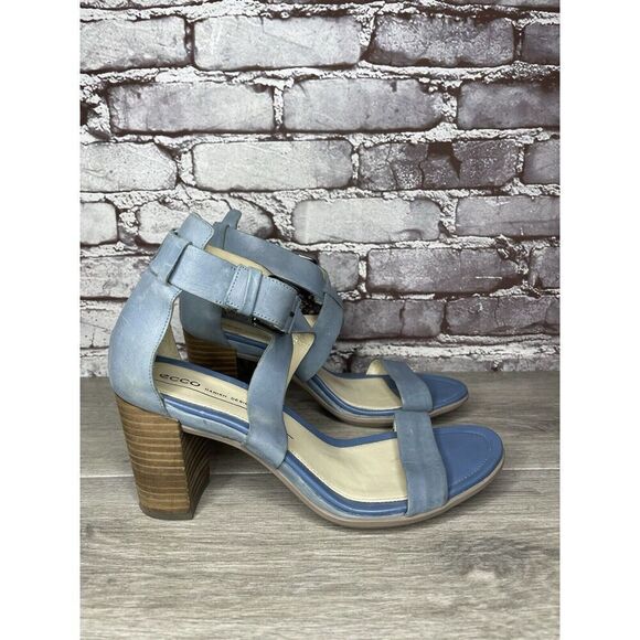 ECCO DANISH DESIGN Blue Leather Ankle Strappy Stacked Heel Sandals Women Sz 40EU - Picture 3 of 16